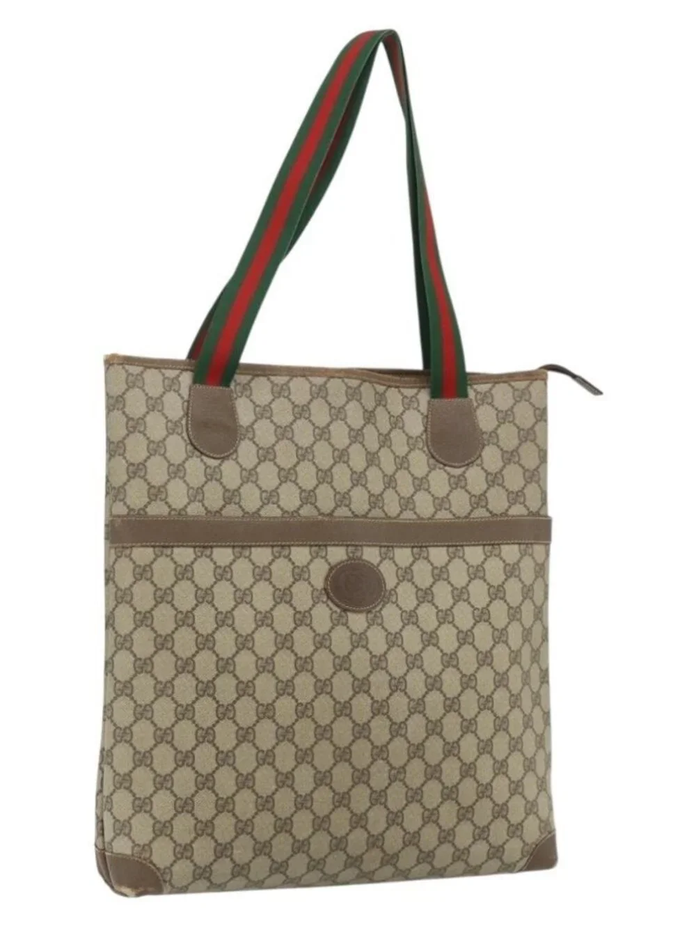 GUCCI GG Supreme Web Sherry Line Tote Bag PVC Beige Red Green Auth